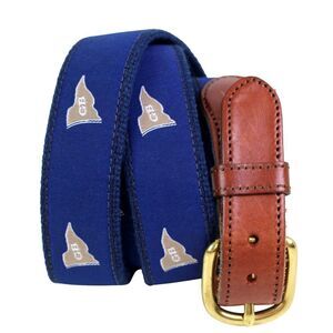 Leather Man BROWN REAL LEATHER BLUE CANVAS 1 1/4"Wd GOLF DRESS MEN BELT 44 (A89